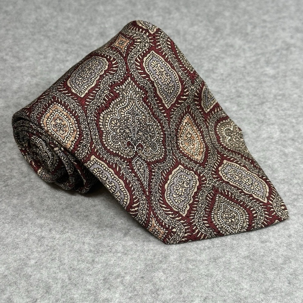 Anne Klein Mens Vintage Silk Paisley Tie‎ Burgundy Italy Wide Necktie 56x3.75in